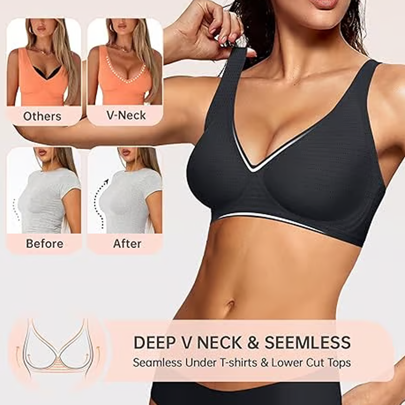 🔥👙Letni, gorący biustonosz push-up z głębokim dekoltem w serek i bez fiszbin, bezszwowy, żelowy