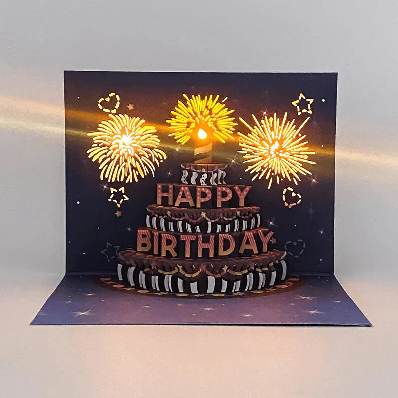 🔥🎁Tort z fajerwerkami, światłami i muzyką, prezent w formie kartki urodzinowej
