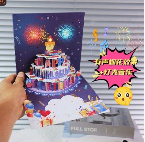 🔥🎁Tort z fajerwerkami, światłami i muzyką, prezent w formie kartki urodzinowej