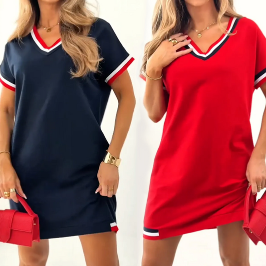 🔥👗Kolorowa sukienka średniej długości z dekoltem w szpic