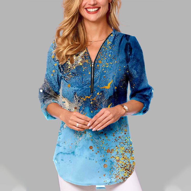 🔥👚Damski top z nadrukiem V-Neck z zamkiem błyskawicznym