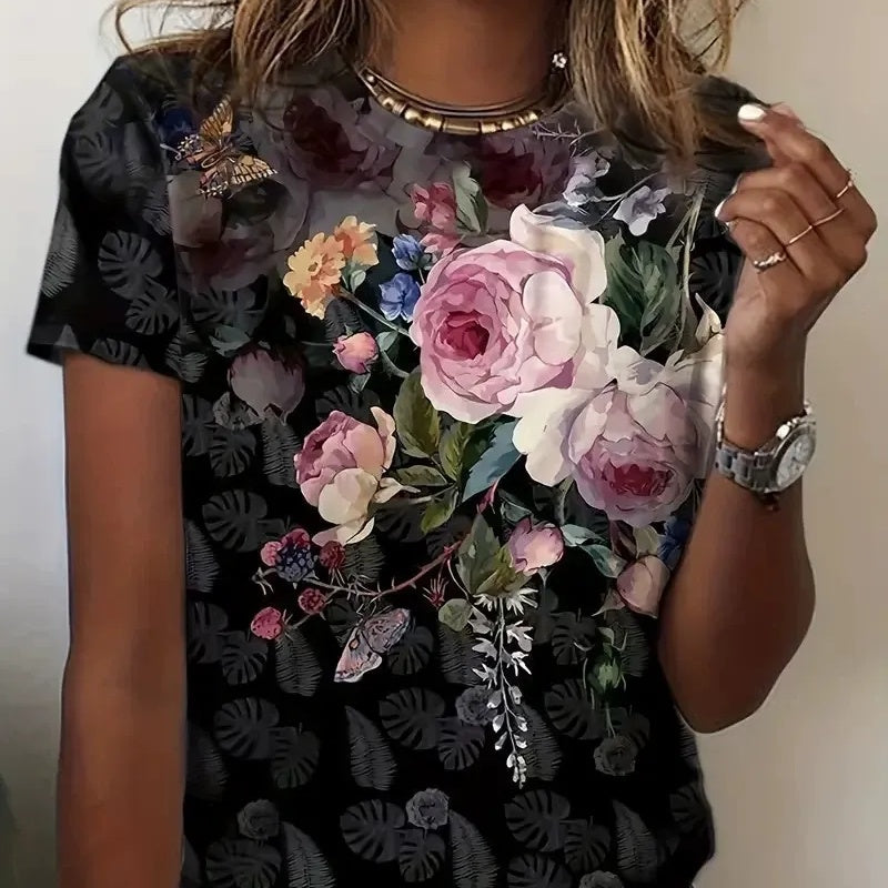🔥👚Kobiety drukowane okrągłej szyi krótki rękaw Góra
