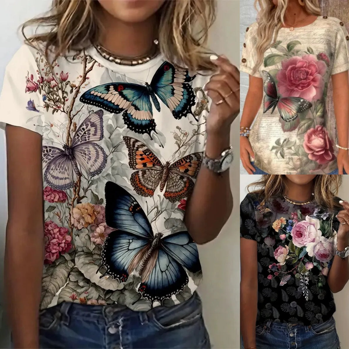 🔥👚Kobiety drukowane okrągłej szyi krótki rękaw Góra