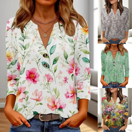 🔥👚Damski swobodny top z nadrukiem i dekoltem w serek