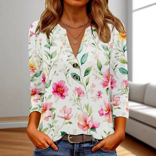 🔥👚Damski swobodny top z nadrukiem i dekoltem w serek