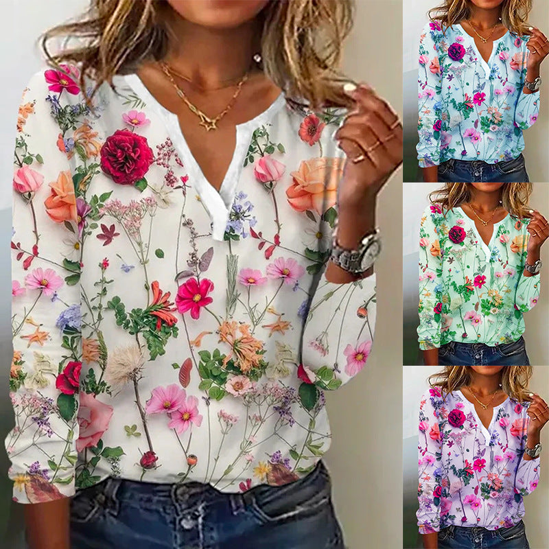 🔥👚Elegancka bluzka z długimi rękawami i kwiatowym nadrukiem