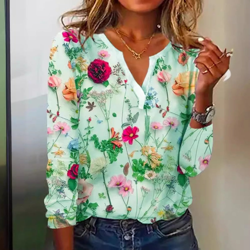 🔥👚Elegancka bluzka z długimi rękawami i kwiatowym nadrukiem