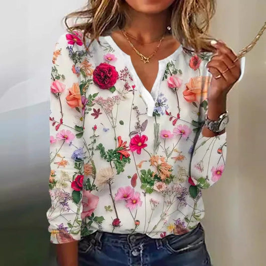 🔥👚Elegancka bluzka z długimi rękawami i kwiatowym nadrukiem