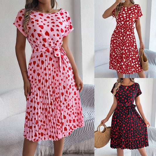 🔥👗 Sukienka z okrągłym dekoltem i krótkim rękawem w serduszko z pasującym paskiem