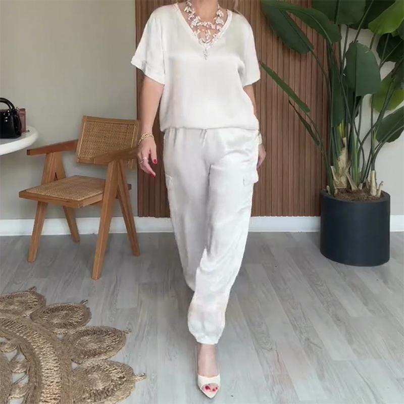 🔥👚👖Elegancki komplet spodni z dekoltem w serek, 2 części