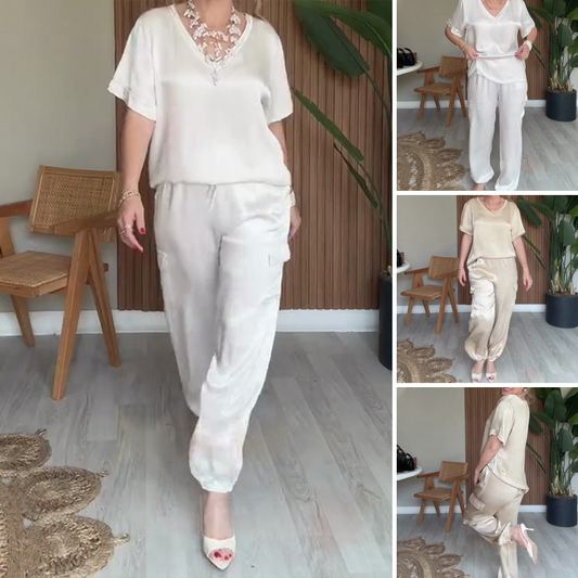 🔥👚👖Elegancki komplet spodni z dekoltem w serek, 2 części