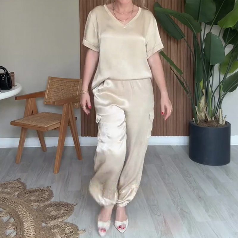🔥👚👖Elegancki komplet spodni z dekoltem w serek, 2 części