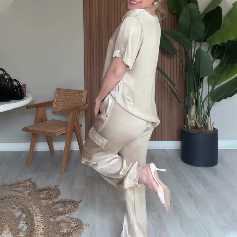 🔥👚👖Elegancki komplet spodni z dekoltem w serek, 2 części