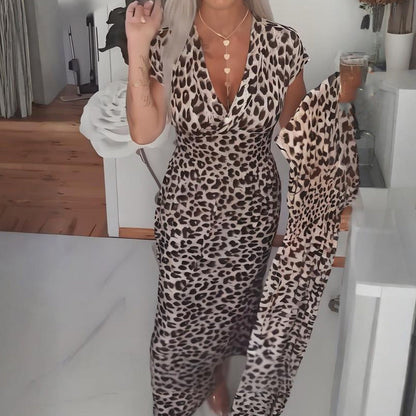 🔥👗Damska sukienka z dekoltem w serek i nadrukiem w panterkę