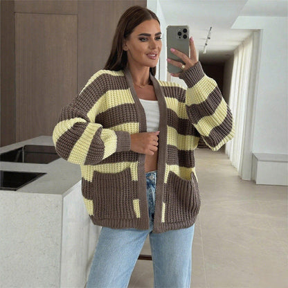 🔥👚Stylowy damski sweter w paski z otwartym przodem