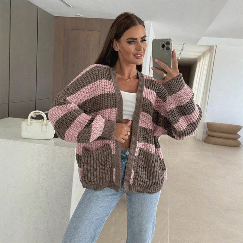 🔥👚Stylowy damski sweter w paski z otwartym przodem
