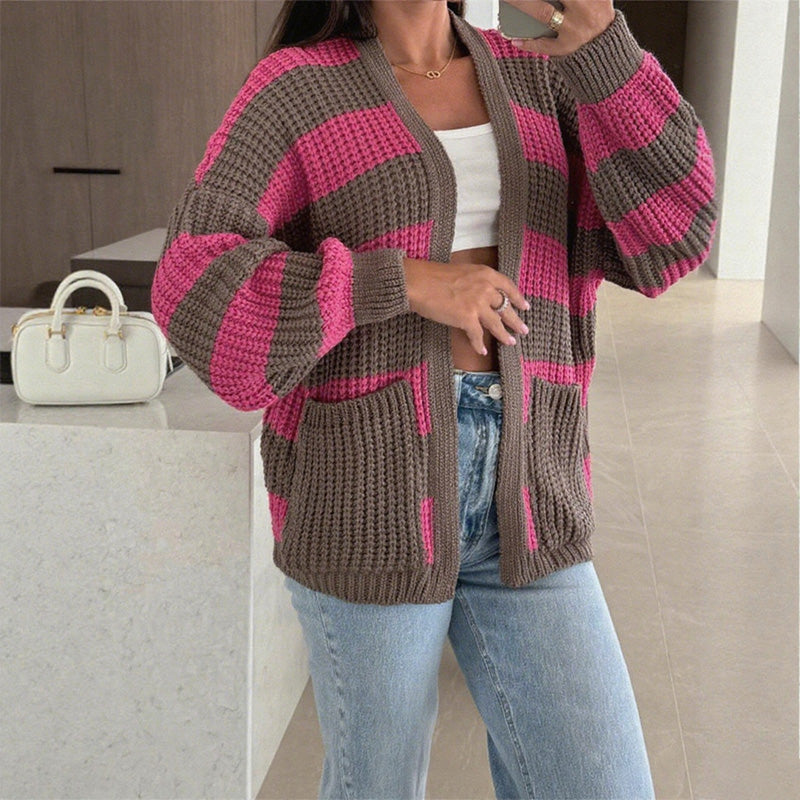 🔥👚Stylowy damski sweter w paski z otwartym przodem