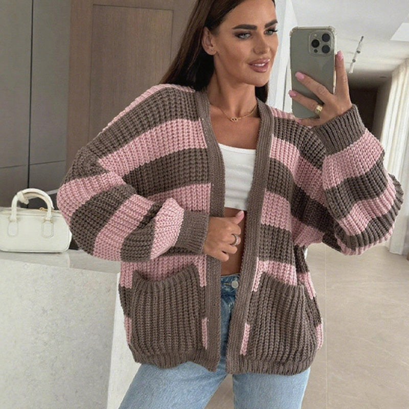 🔥👚Stylowy damski sweter w paski z otwartym przodem