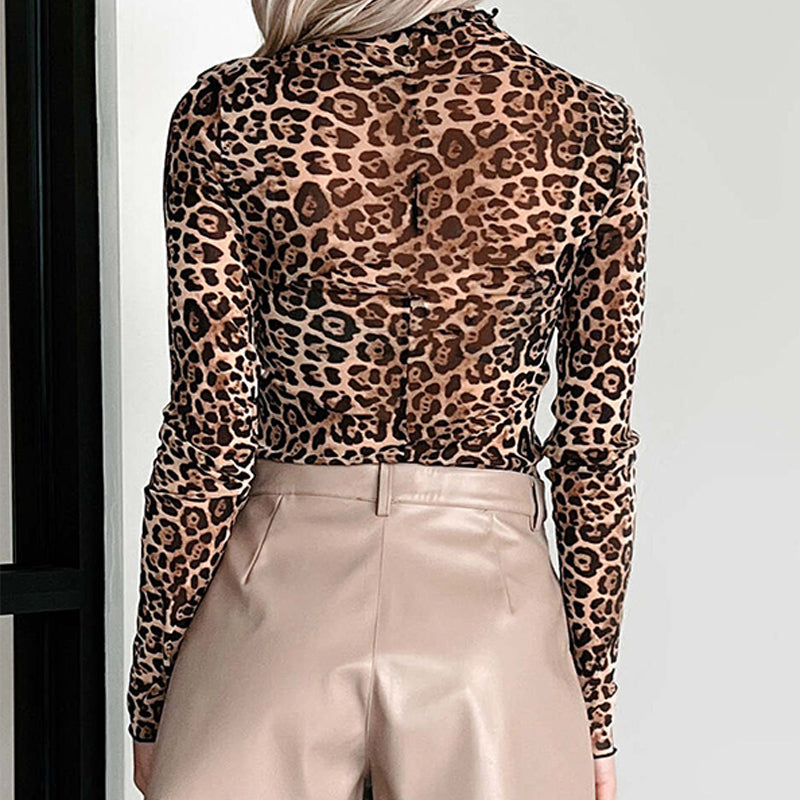 🔥👚Bluzka z długim rękawem z siateczki w panterkę